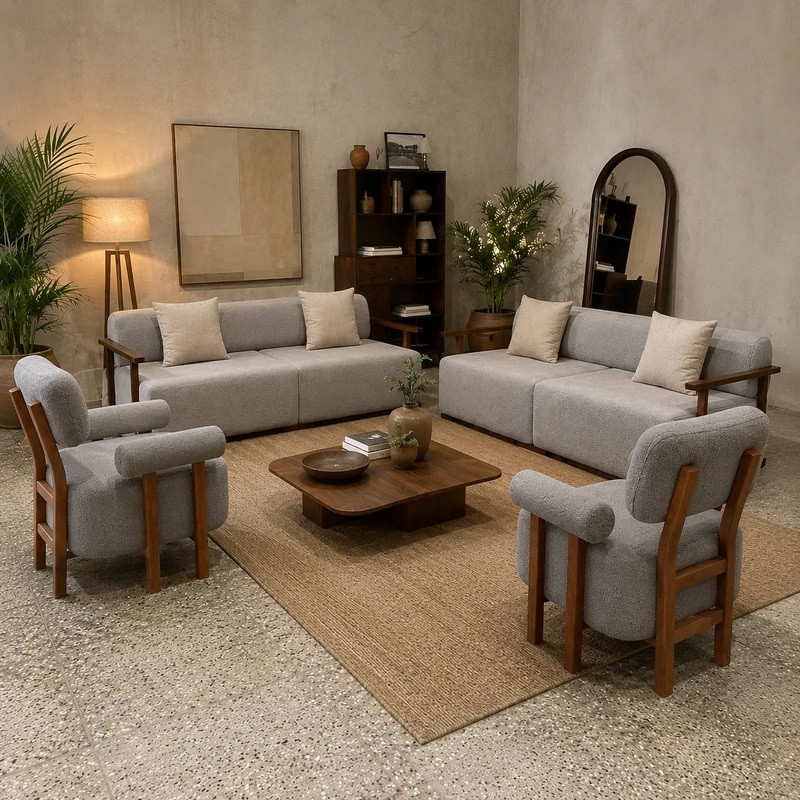 مبل راحتی هشت نفره با روکش پارچه و پایه چوب مدل Gh-T-Rad به همراه 6 کوسن