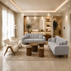 مبل راحتی 8 نفره با روکش پارچه و پایه چوبی گالری چوب آشنایی مدل Okta-Gh به همراه 6 کوسن