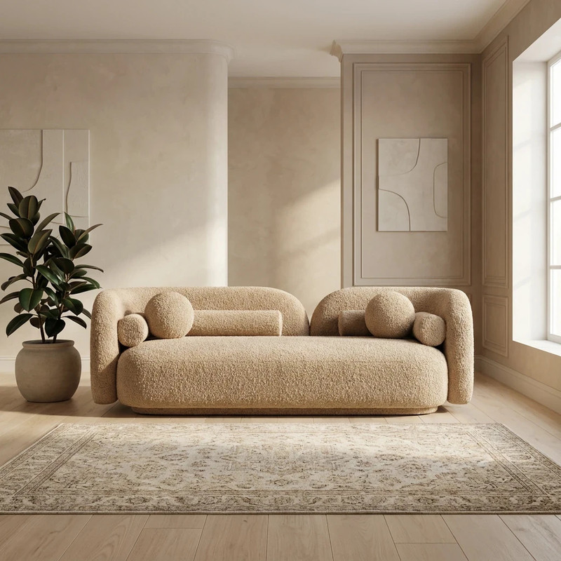 مبل راحتی سه نفره با روکش پارچه و پایه چوب مدل Ro-7174 به همراه 4 کوسن